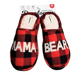 Dearfoams Mama Bear Red Plaid Slippers Memory Foam Women’s M 7-8 Cozy Indoor